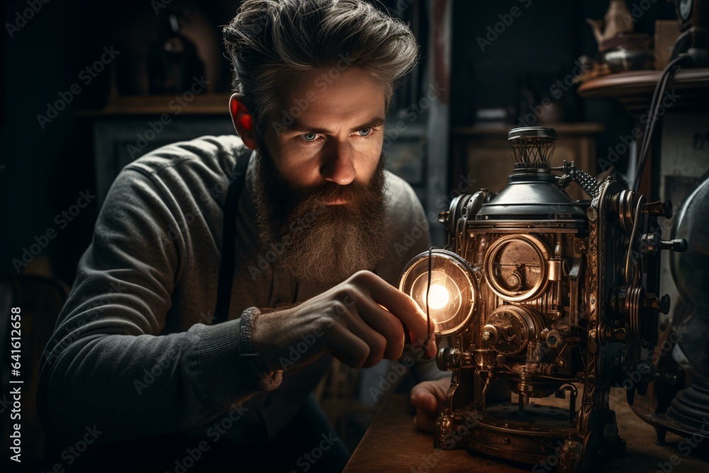 Photo of a bearded man mesmerized by a captivating light