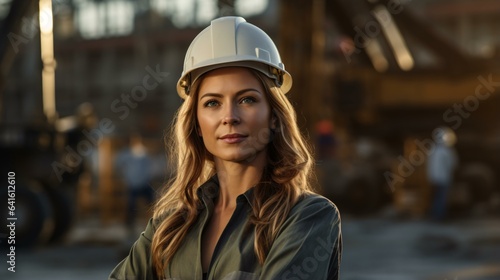 Photo of a woman wearing a hard hat in a factor