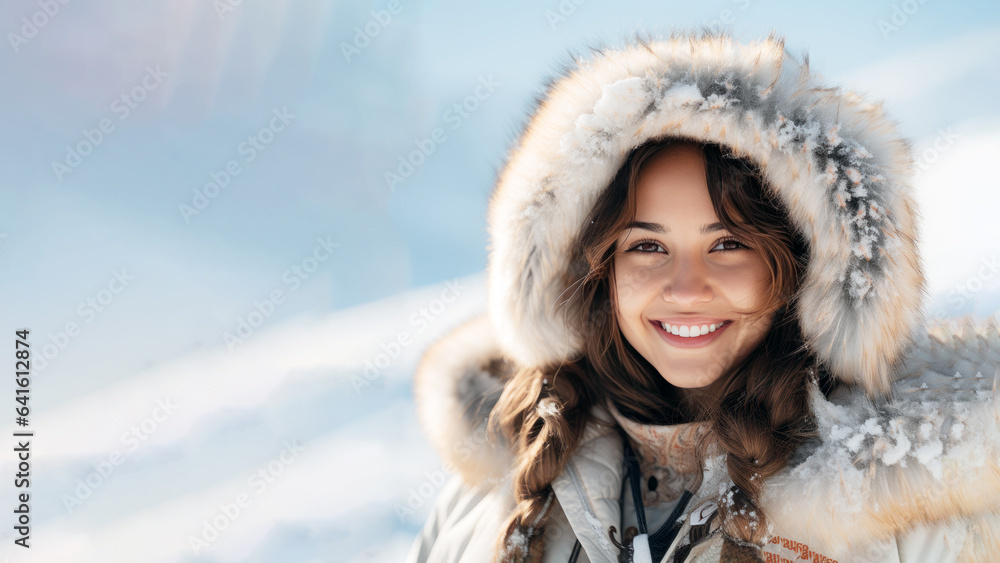 A village girl in rural Eskimo, wearing traditional clothes with a rural background A village girl in rural Eskimo, wearing traditional clothes with a rural background