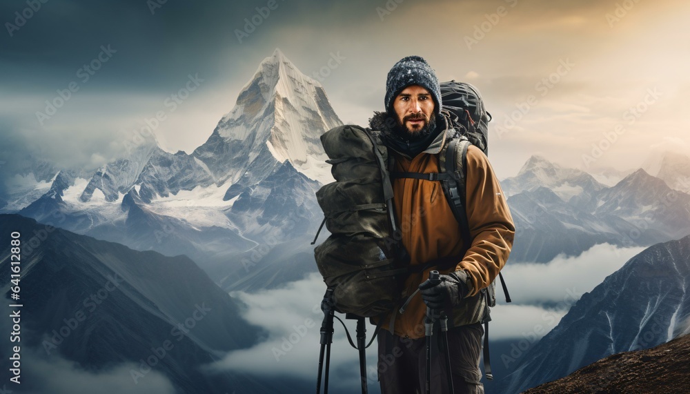 A man conquering the summit of a majestic mountain with determination and backpack