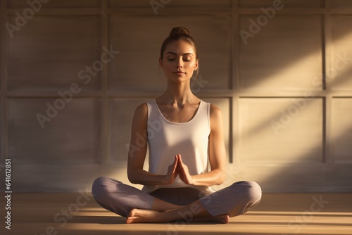 A woman practicing yoga in a white tank top