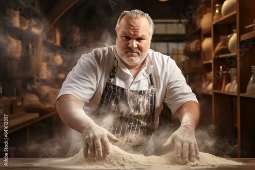 A man kneading flour in an apron
