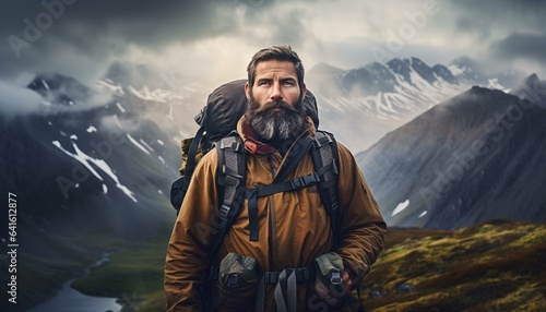 A bearded man wearing a backpack