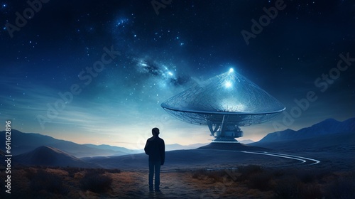 A man standing on a dirt road looking at a satellite dish