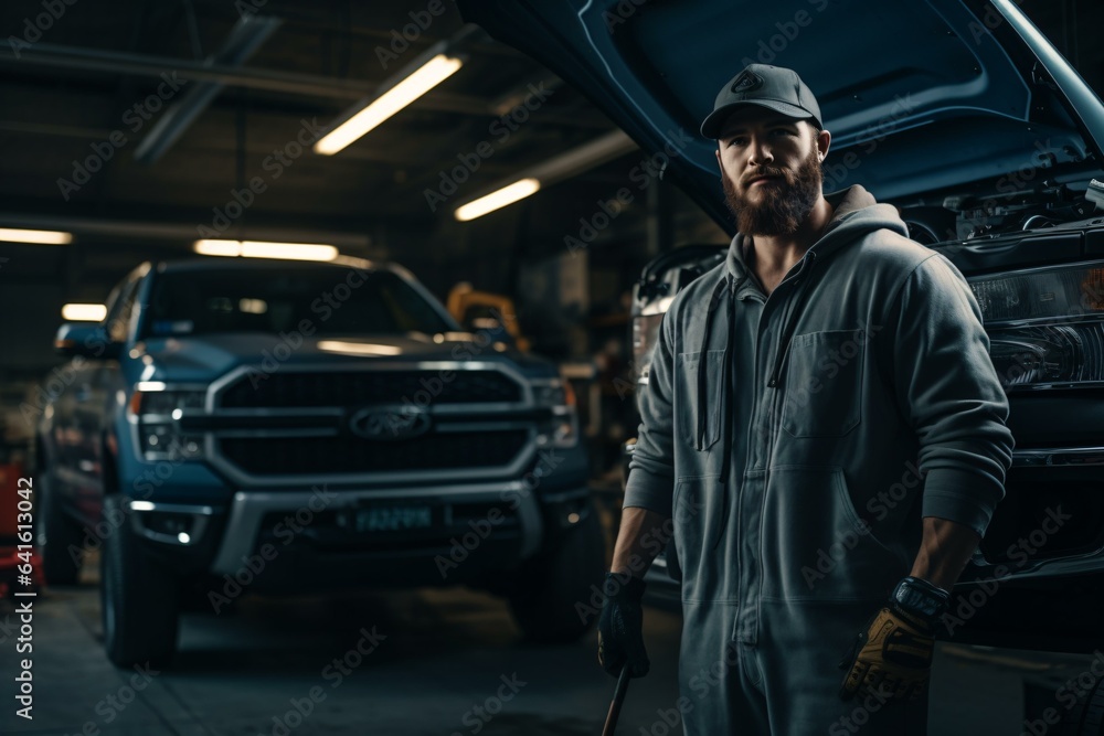 A man standing next to a truck in a garage