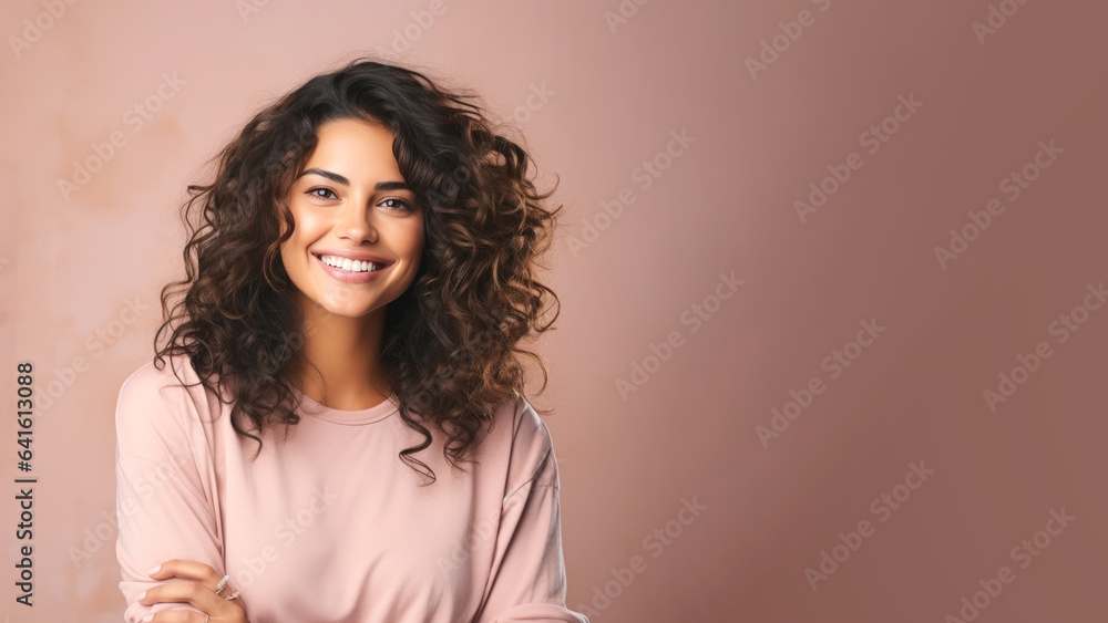Young latin woman with curly hair, has perfect facial skin, cosmetic advertising facial antiage lift products salon care tighten skin Young latin woman with curly hair, has perfect facial skin, cosmetic advertising facial antiage lift products salon care tighten skin