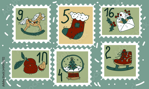 A set of cute hand-drawn postage stamps with Christmas and New Year attributes, a sock, a letter, tangerines, a snow globe, skates and numbers. Fashionable vector illustrations in cartoon style