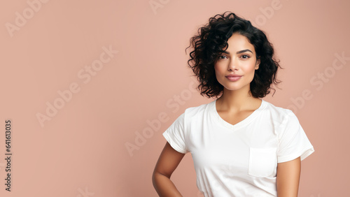 Young latin woman with long curly black hair, has perfect facial skin, cosmetic advertising facial antiage lift products salon care tighten skin © pariketan