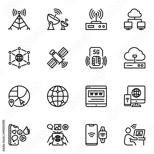 set of 16 internet network line Icon. mobility, broadcast, generation, tech, stroke, wireless, connect, website, global, speed, cellphone, network, outline, telecommunications