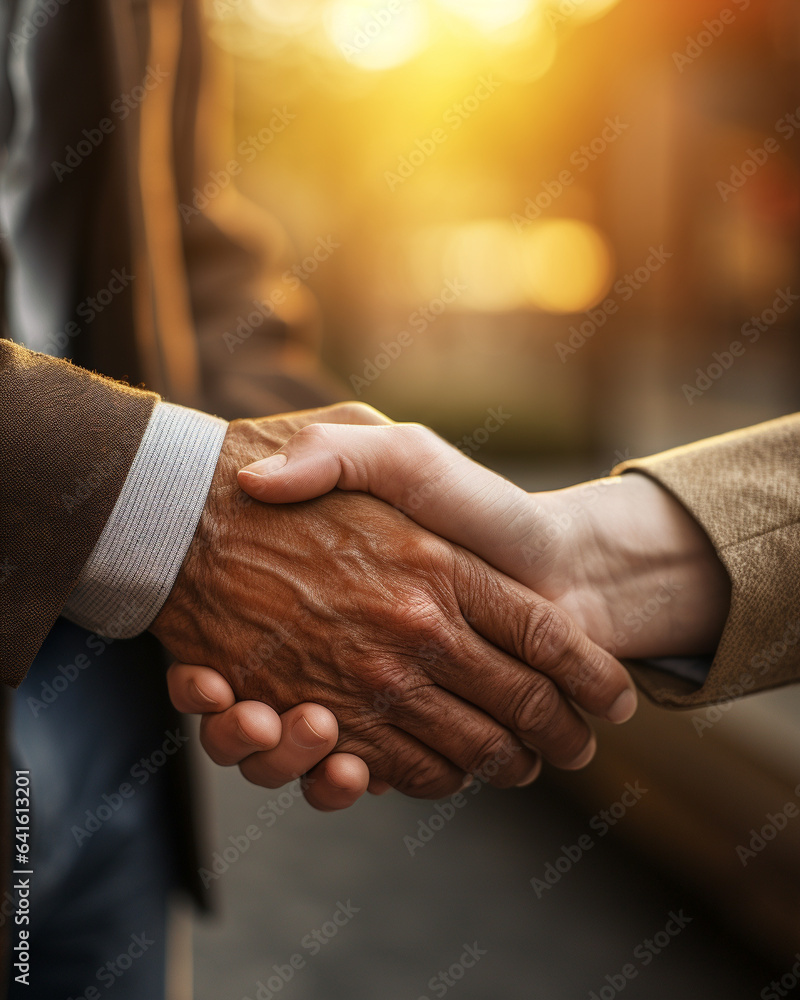 An Endearing Close-Up View of a Senior Businessman and Young Businessman Handshake. Symbolizing Mutual Respect and Camaraderie Across Ages. Close-up of People Shaking Hands. Interconnected Wisdom. An Endearing Close-Up View of a Senior Businessman and Young Businessman Handshake. Symbolizing Mutual Respect and Camaraderie Across Ages. Close-up of People Shaking Hands. Interconnected Wisdom.