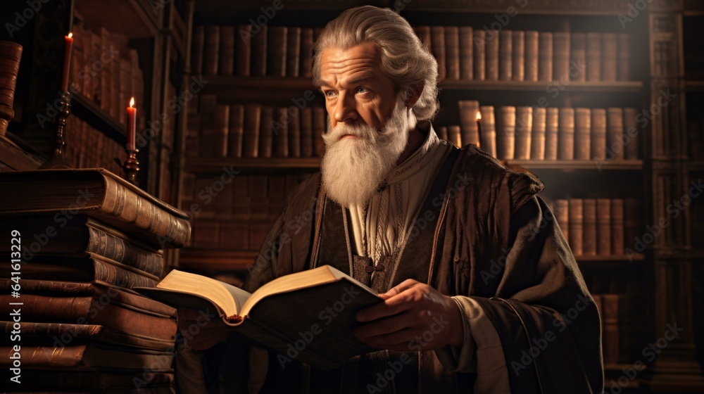 An elderly man engrossed in a book at a library An elderly man engrossed in a book at a library