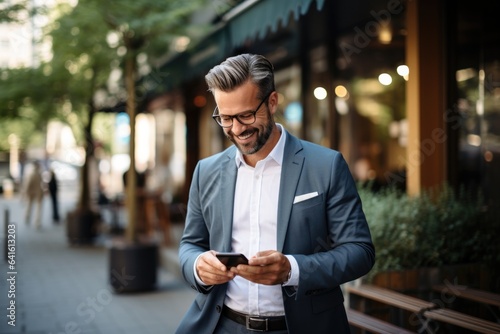 Young urban professional business man using smartphone. Businessman holding mobile smartphoneusing app texting sms message outdoor.
