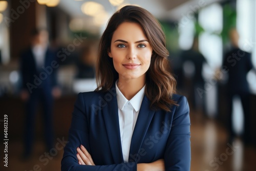 Successful businesswoman standing in creative office and looking at camera. Group of business people with businesswoman leader on foreground. © amnaj