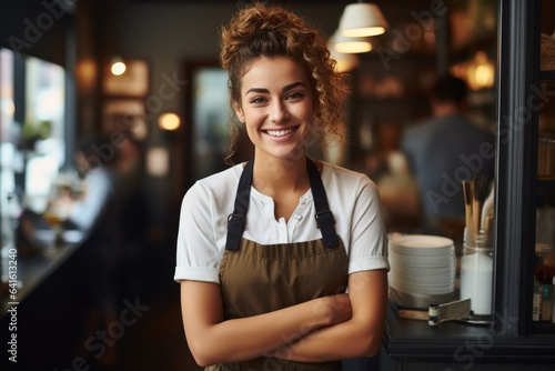 Murais de parede A woman small business owner smiling at front door.