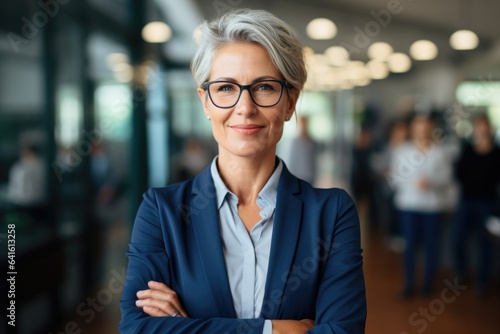 Successful businesswoman standing in creative office and looking at camera. Group of business people with businesswoman leader on foreground.