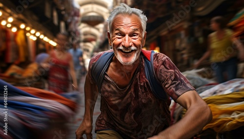 A bearded man strolling through a bustling market © KWY
