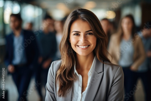 Successful businesswoman standing in creative office and looking at camera. Group of business people with businesswoman leader on foreground.