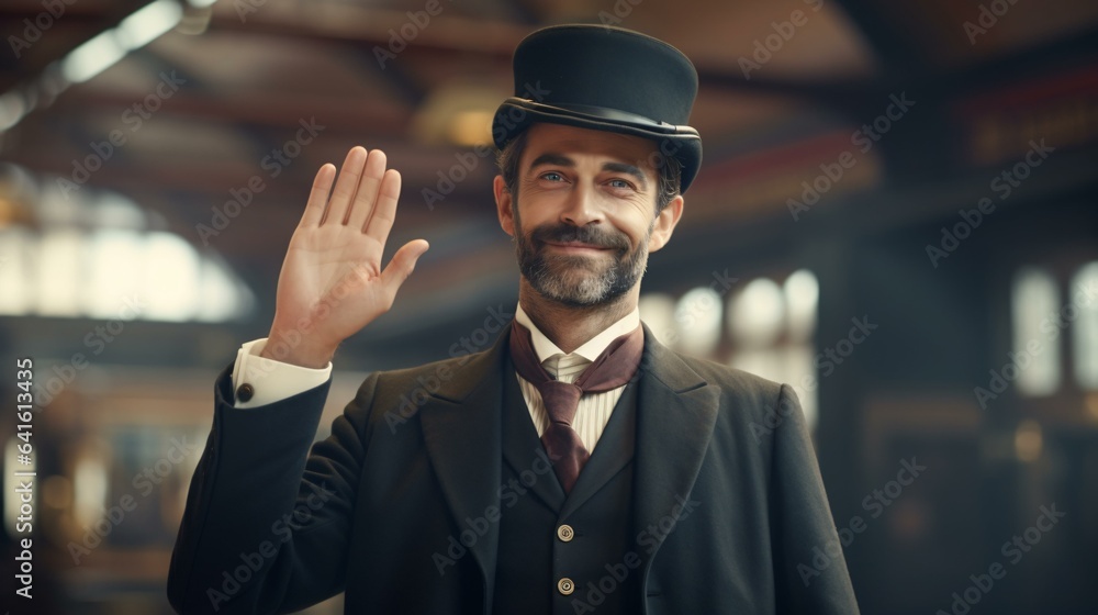 A stylish man in a suit and top hat greeting the viewer A stylish man in a suit and top hat greeting the viewer