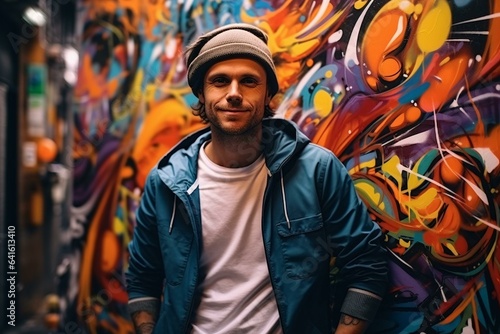 A man standing in front of a vibrant, colorful wall