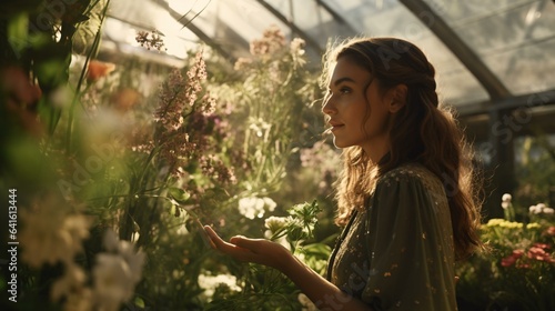 A woman admiring flowers in a greenhous
