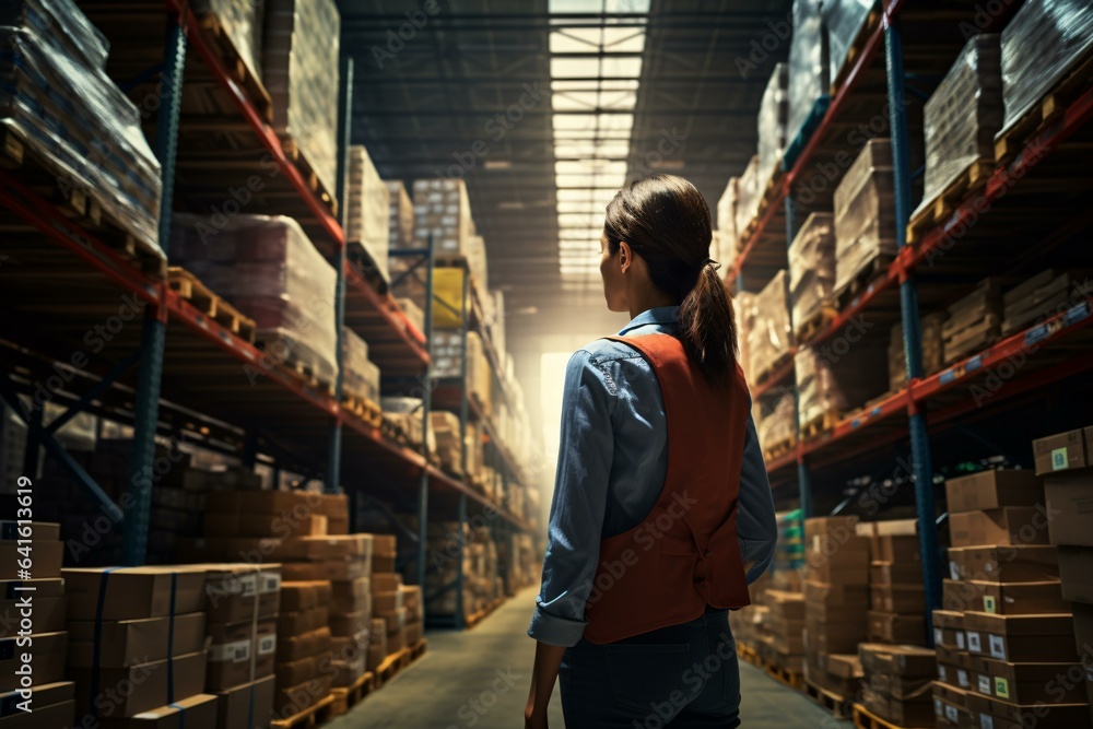 A woman walking through a warehouse with boxes