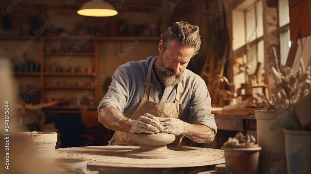 A man crafting a vase on a pottery wheel A man crafting a vase on a pottery wheel