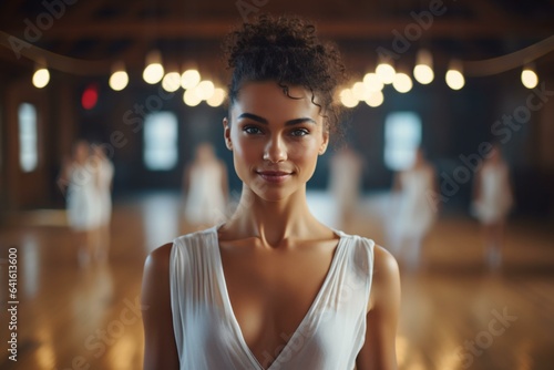 A graceful woman in a white dress posing in a dance studio