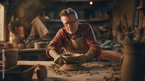 A man creating a ceramic bowl on a potter's wheel photo