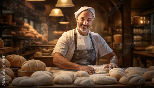 A baker kneading dough in a traditional bakery