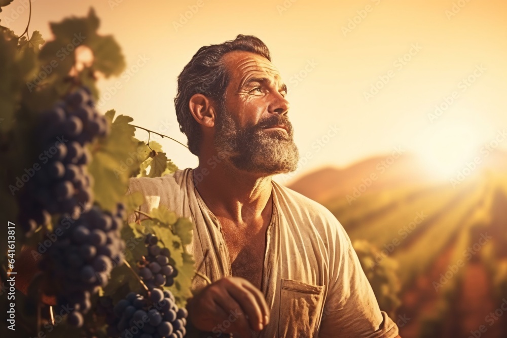 A man standing in front of a bunch of grapes