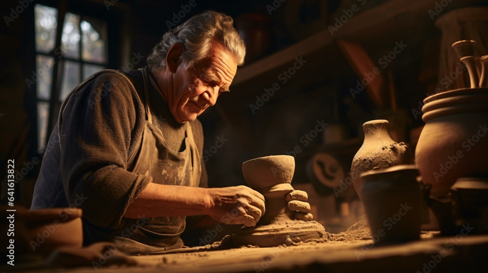 A man sculpting a clay vase with his hands in a pottery studio A man sculpting a clay vase with his hands in a pottery studio