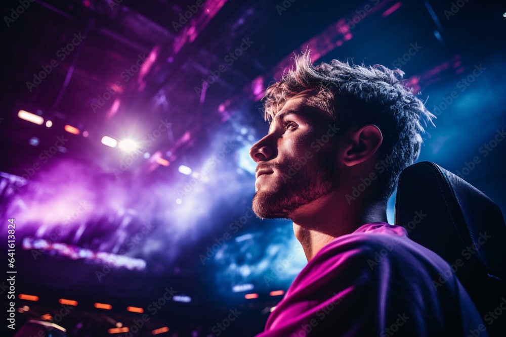 A man standing in front of a mesmerizing display of purple and blue lights A man standing in front of a mesmerizing display of purple and blue lights