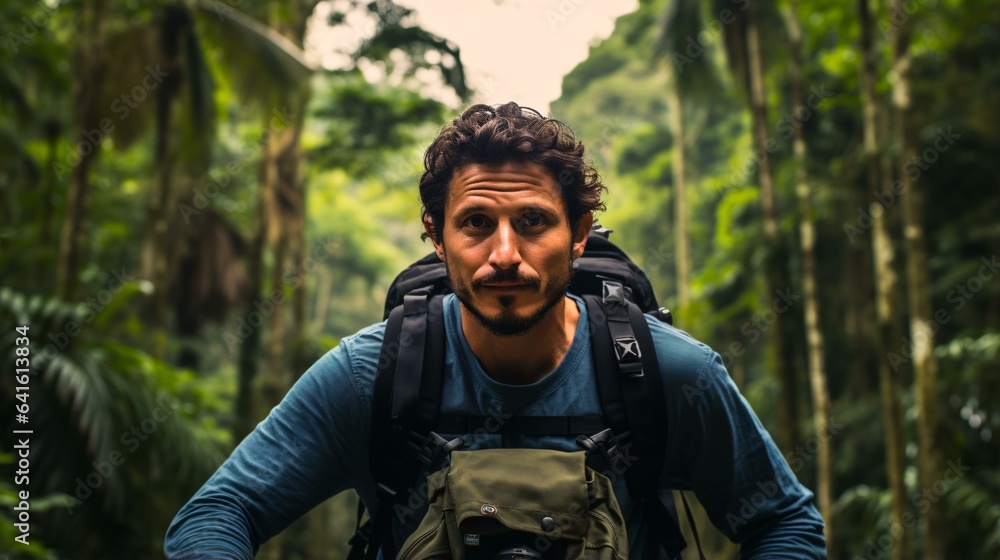 A man exploring the dense jungle with a backpack