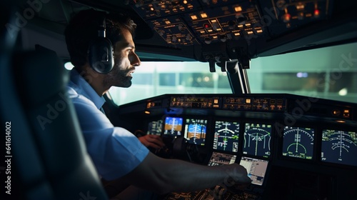 A man in the cockpit of an airplane photo
