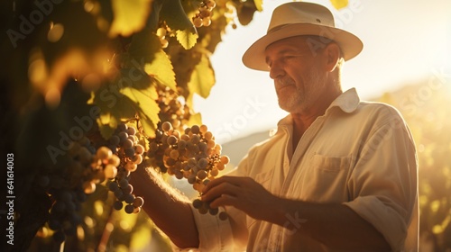 A man standing next to a bunch of grapes