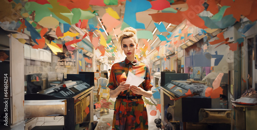 young blonde in colorful modern girl store holding paper or money hd wallpaper