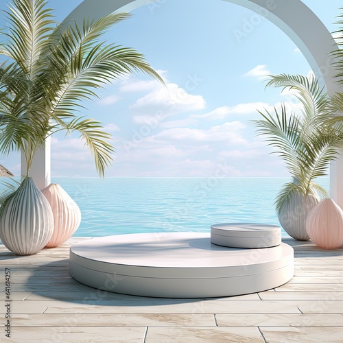 marble stand podium empty space for product display mock up template ideas showcase exhibition with water oceasn beach nature concept fresshness natural ideas background,ai generate