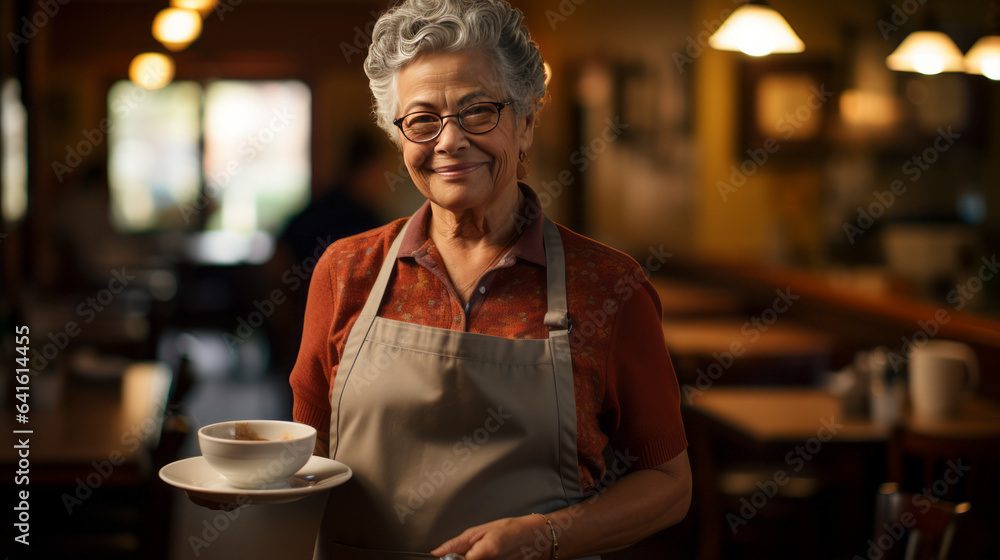old woman lovely senior, elderly, retired, woman working at her bakery coffee shop. Small business, Business owner.,ai generate - obrazy, fototapety, plakaty 