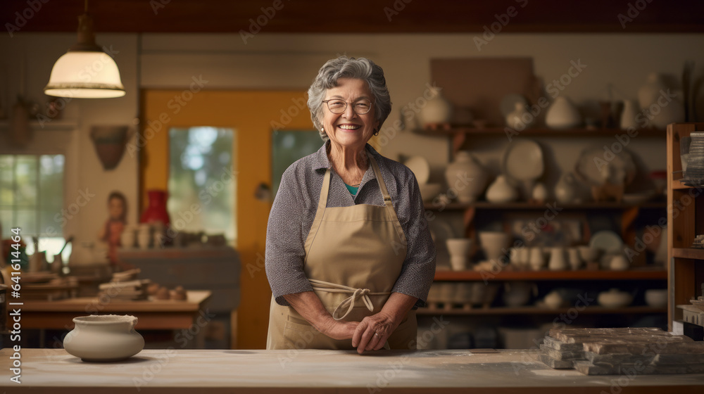 Senior woman pottery artist makes ceramics from clay Hand made ceramics are formed by a mature woman on a potters wheel,ai generate Senior woman pottery artist makes ceramics from clay Hand made ceramics are formed by a mature woman on a potters wheel,ai generate