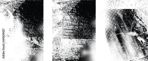 Glitch distorted grungy isolated layers . Design element for brochure, social media, posters, flyers. Overlay texture.Textured banner with Distress effect .Vector halftone dots . Screen print texture
