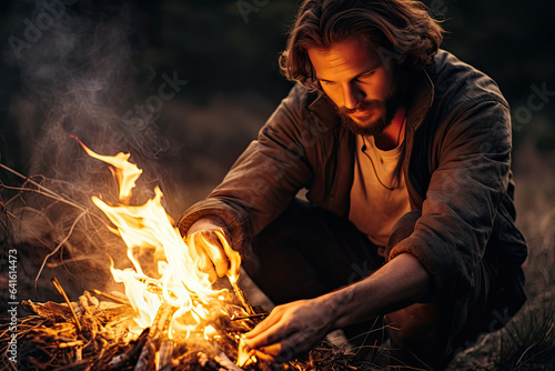 Portrait of a Man Kindling a Fire in the Wilderness.
