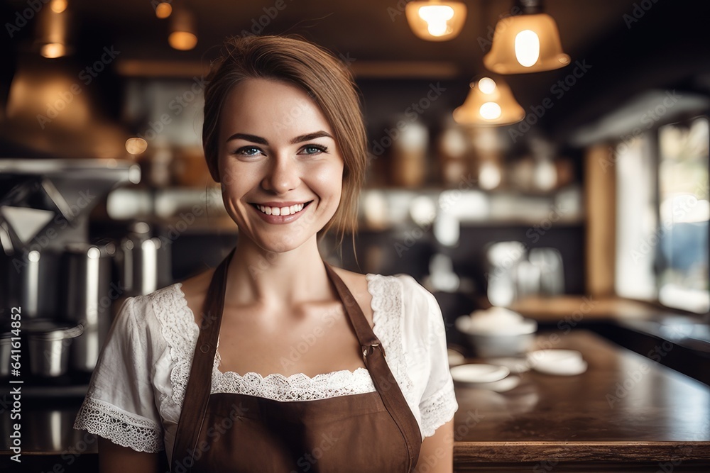 portrait of a woman barista in a cafe portrait of a woman barista in a cafe