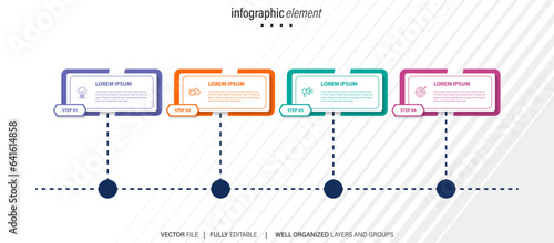 Stage infographics template diagram with rectangle horizontal shape right direction and 4 point step creative design for slide presentation
