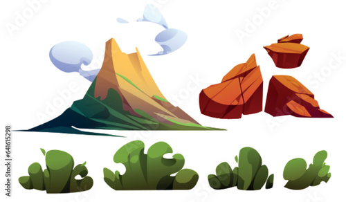 Volcano eruption cartoon vector set - active volcanic mountain with smoke and ash, brown stones and green bushes. Prehistoric or hawaii island tropical landscape elements. Volcanic explosion scene.