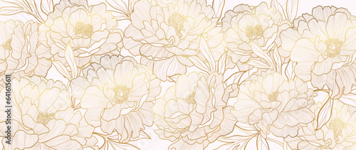 Luxury golden peony flower line art background vector. Natural botanical elegant flower with gold line art. Design illustration for decoration, wall decor, wallpaper, cover, banner, card.