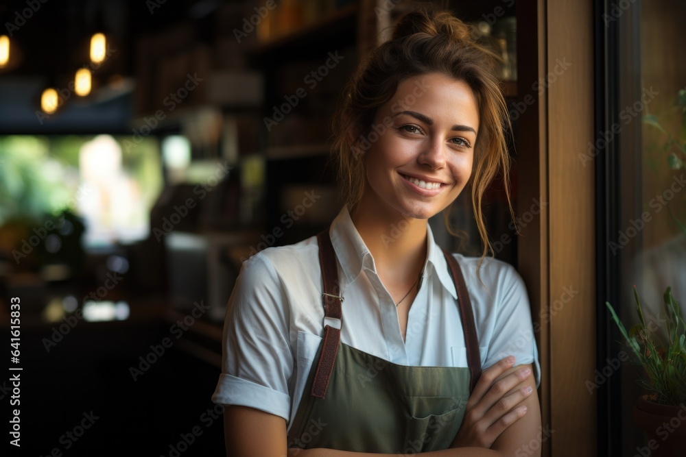 A woman small business owner smiling at front door. A woman small business owner smiling at front door.