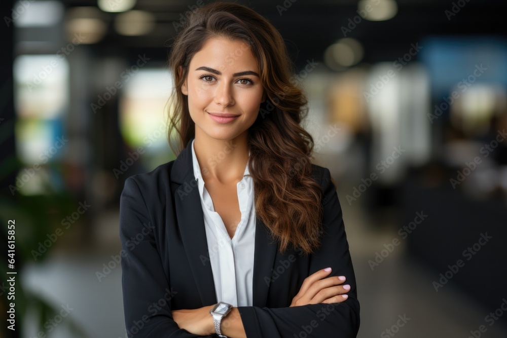Successful businesswoman standing in creative office and looking at camera. Group of business people with businesswoman leader on foreground. Successful businesswoman standing in creative office and looking at camera. Group of business people with businesswoman leader on foreground.