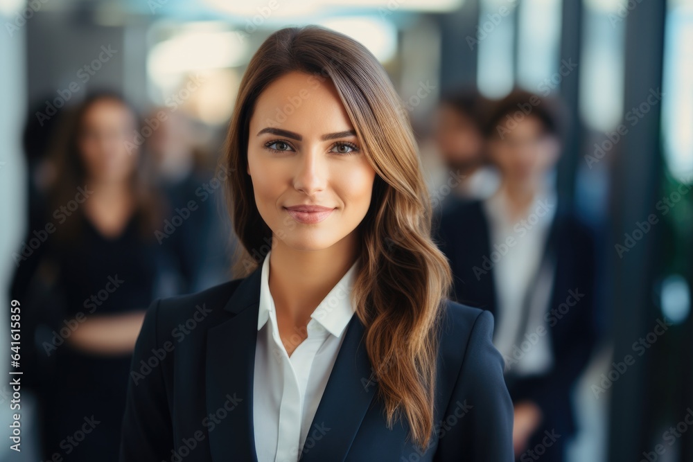 Successful businesswoman standing in creative office and looking at camera. Group of business people with businesswoman leader on foreground. Successful businesswoman standing in creative office and looking at camera. Group of business people with businesswoman leader on foreground.