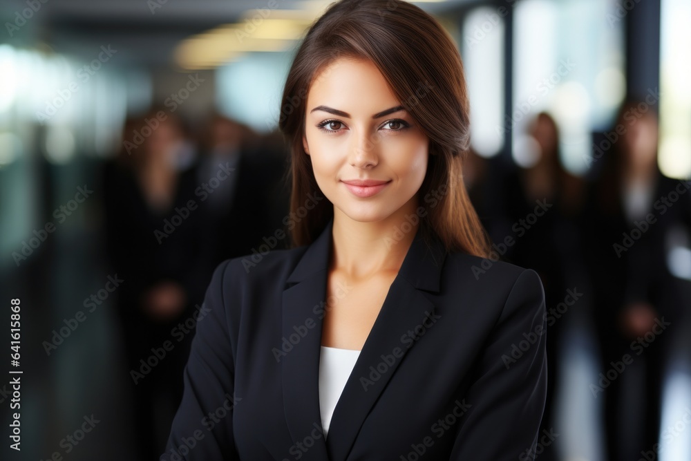 Successful businesswoman standing in creative office and looking at camera. Group of business people with businesswoman leader on foreground.