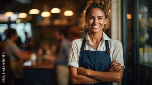 A woman small business owner smiling at front door.